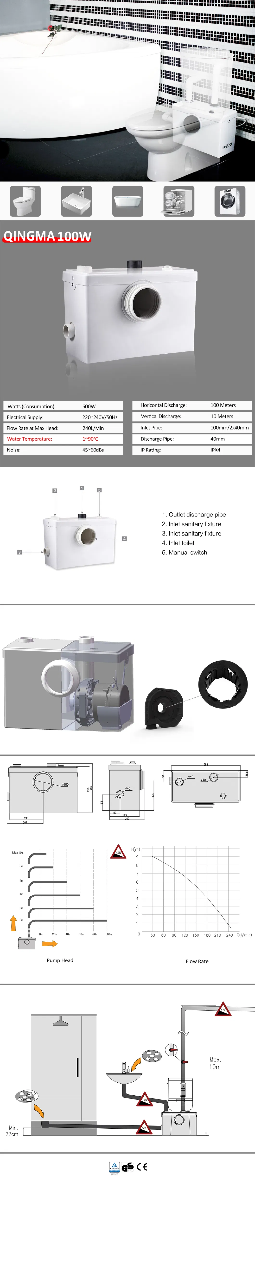 Qingma 100 (600W) Bathroom Wc Toilet Waste Water Lift Macerator Pump for Toilet &amp; Basin