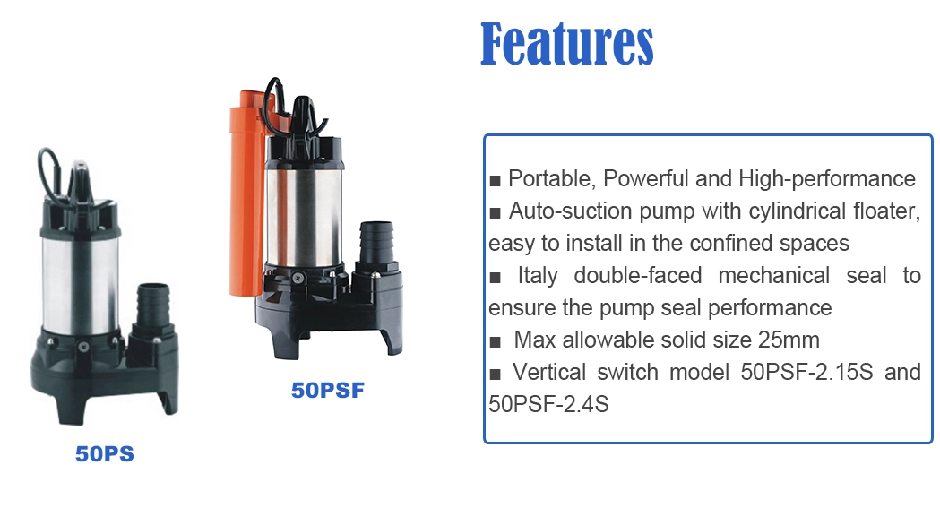 150W/400W Portable Garden Landscape Fountain Waterfall Fishponds Sumps Water Drainage Submersible Centrifugal Stainless Steel Pump with Float Switch
